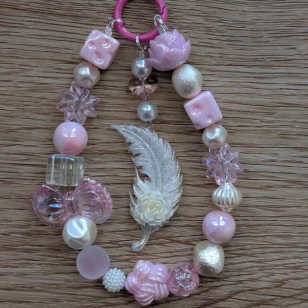 Pink Pearls Flowers Feather Keychain