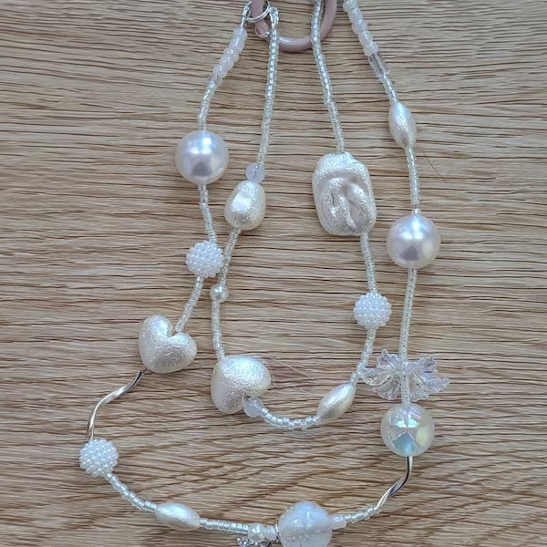 White Pearls Hearts Cherry Keychain